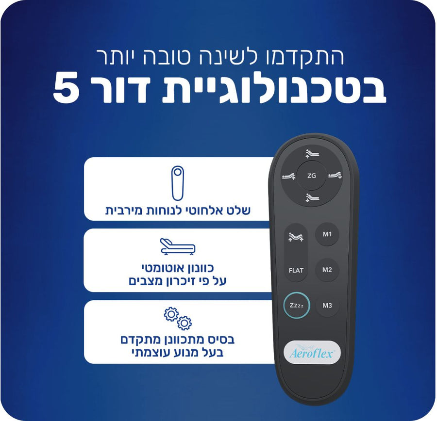 התקדמו לשינה טובה יותר בטכנולוגיית דור 5
בסיס מתכוונן מתקדם בעל מנוע עוצמתי
שלט אלחוטי לנוחות מירבית
כוונון אוטומטי על פי זיכרון מצבים